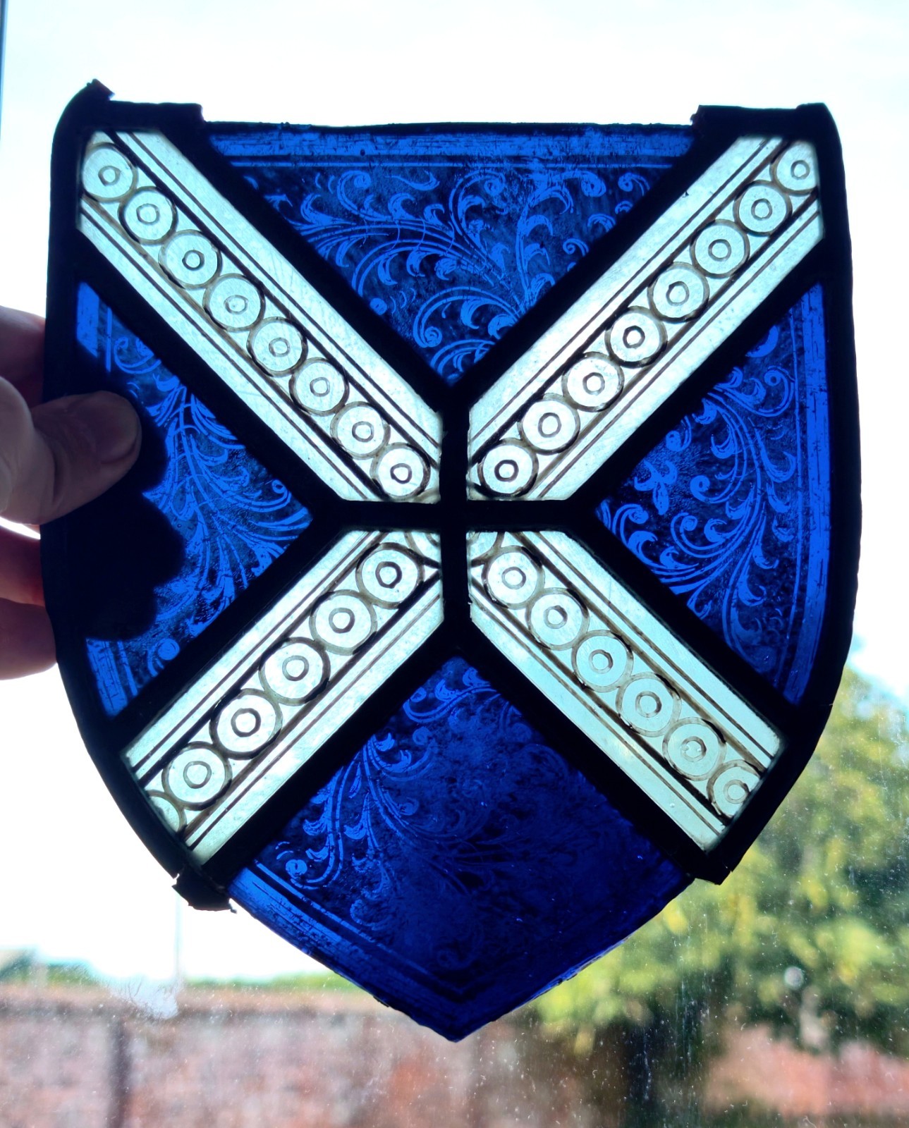 Antique 19th Century Stained Glass Scottish Shield, Gothic Antique 19th Century Stained Glass Scottish Shield, Gothic