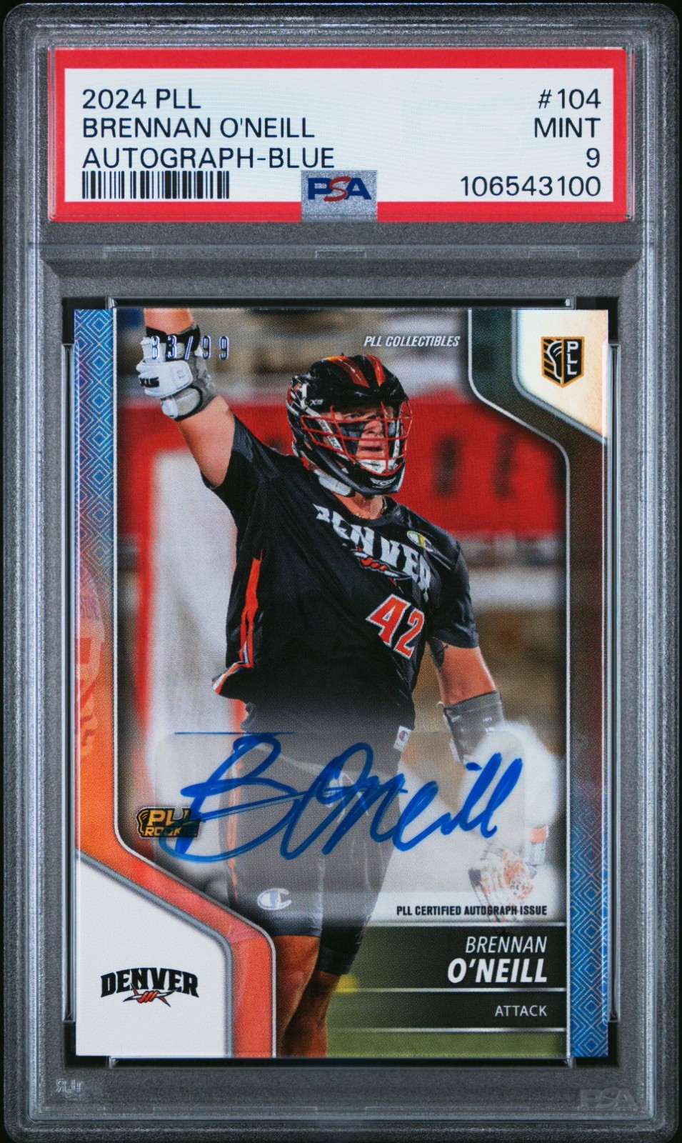 2024 PLL Brennan O\'Neill Rookie Card Auto Blue 83/99 PSA 9 2024 PLL Brennan O\'Neill Rookie Card Auto Blue 83/99 PSA 9