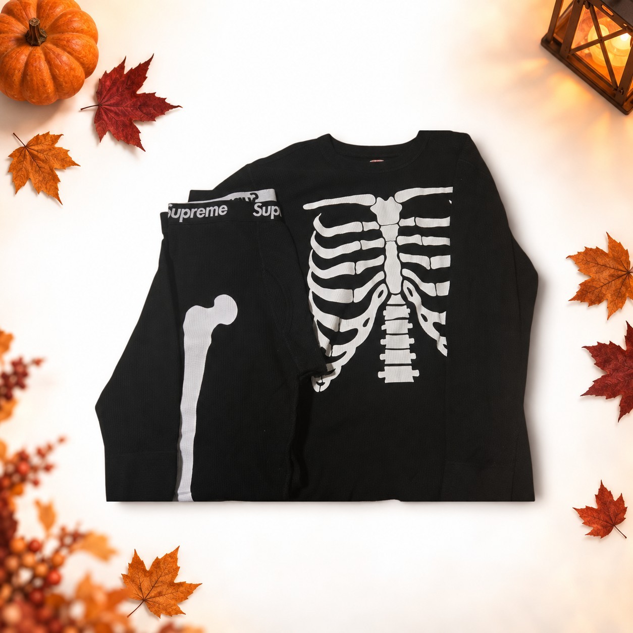 Supreme Hanes Skeleton Set Thermal Shirt Bones Black And Pant (Large). Supreme Hanes Skeleton Set Thermal Shirt Bones Black And Pant (Large).