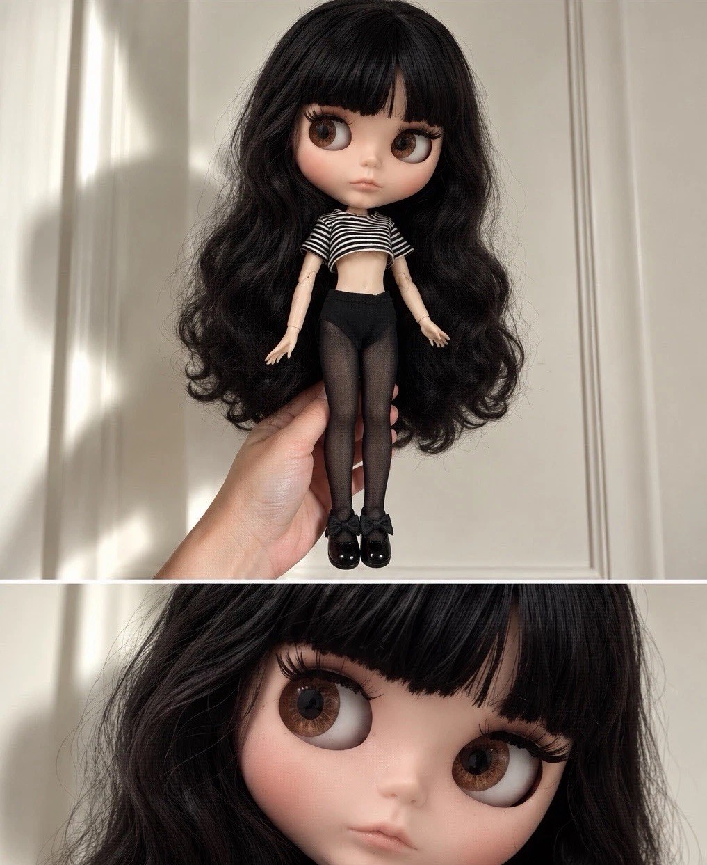 Blythe Doll 12” black wavy long Hair  tan skin matte face nude Jointed Doll