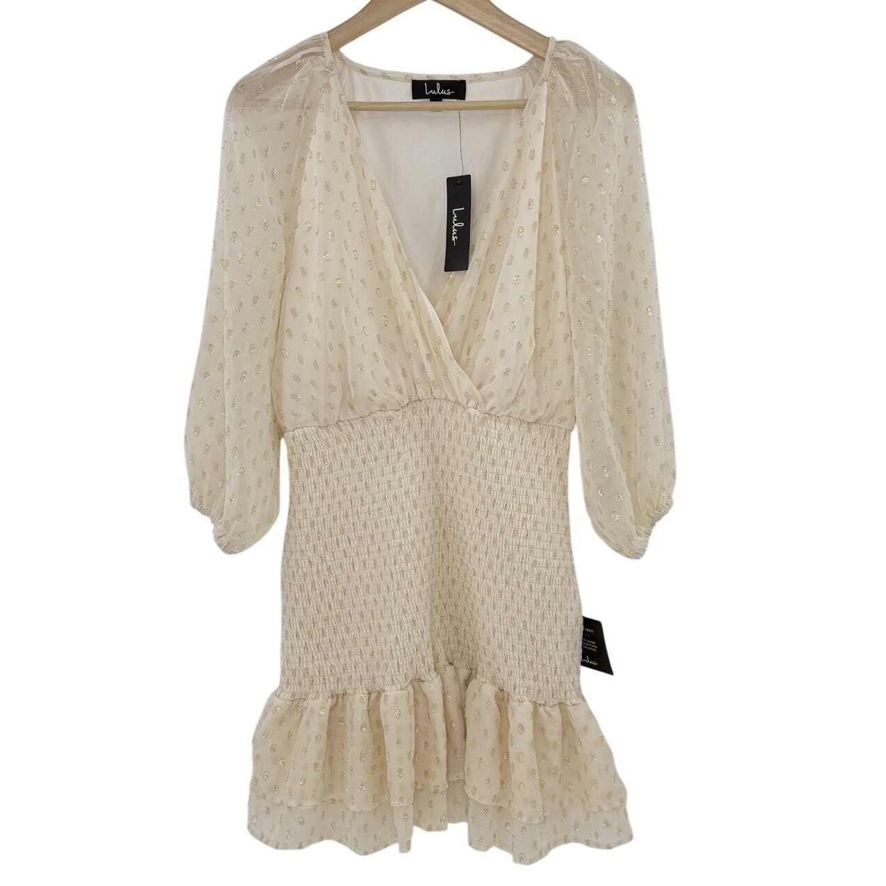 NWT Lulus All The Cheers Cream & Gold Dotted Smocked Mini Dress Sz L Event Boho
