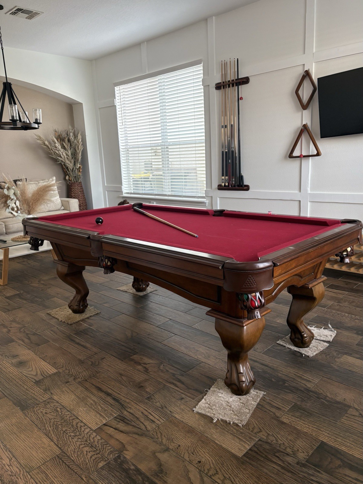 Wood Billiard Table with Red Felt, Ornate Carved Legs Wood Billiard Table with Red Felt, Ornate Carved Legs
