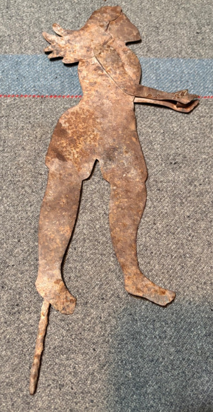 Antique 19th C. folkart Garden Yard Stake Child w. flowing hair w. flag socket 