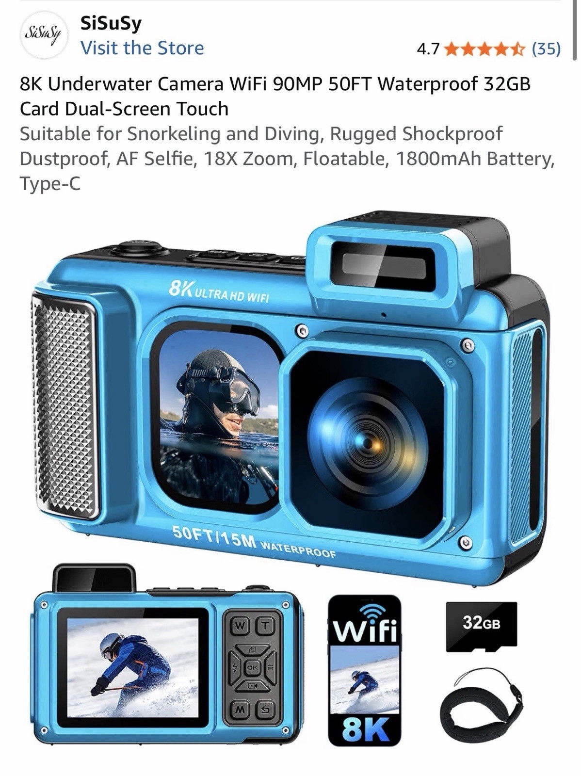 8K Underwater Camera, 90MP 50FT WiFi Waterproof Camera with Compact, Blue