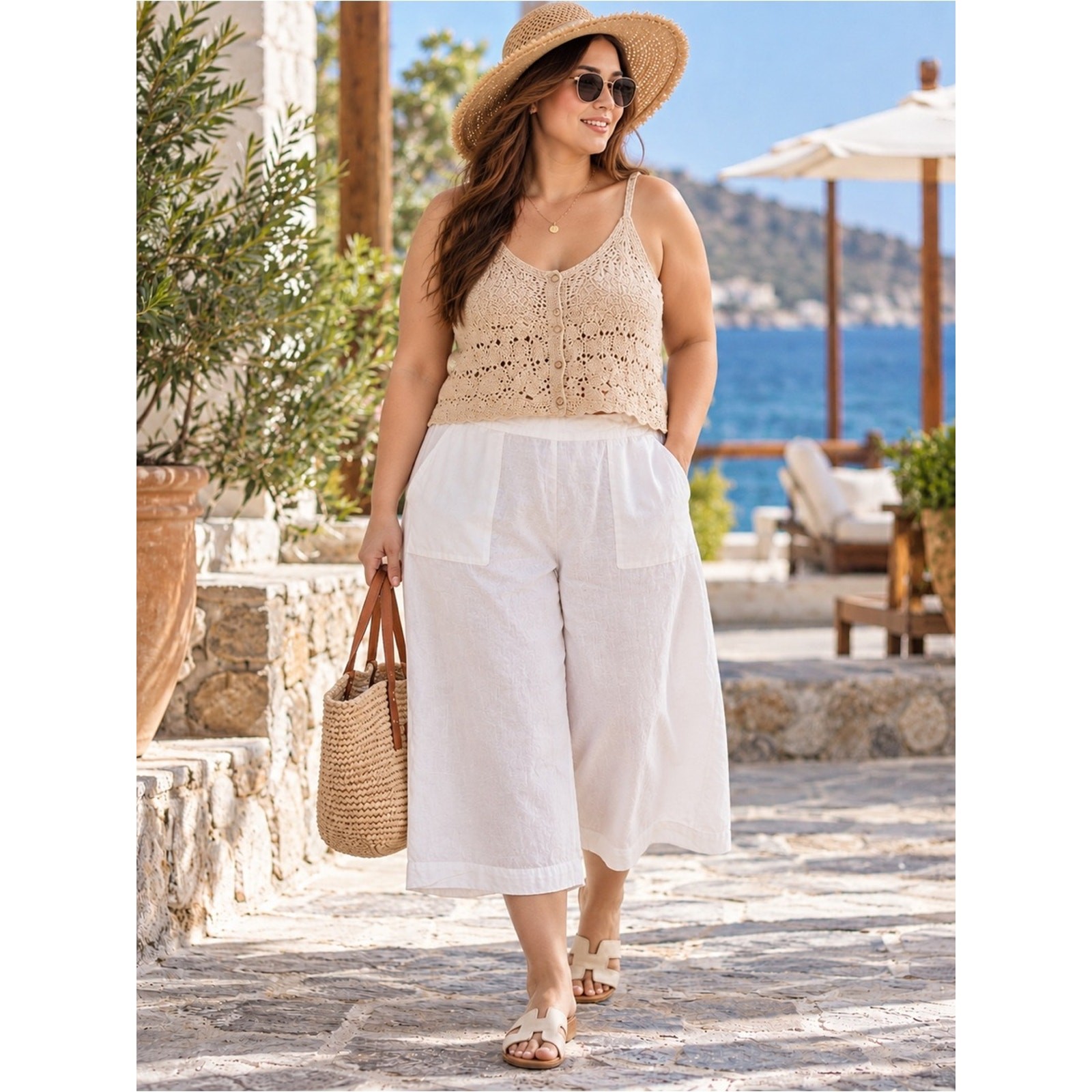 FLAX White 100% Linen Wide Leg Crop Pants Size L