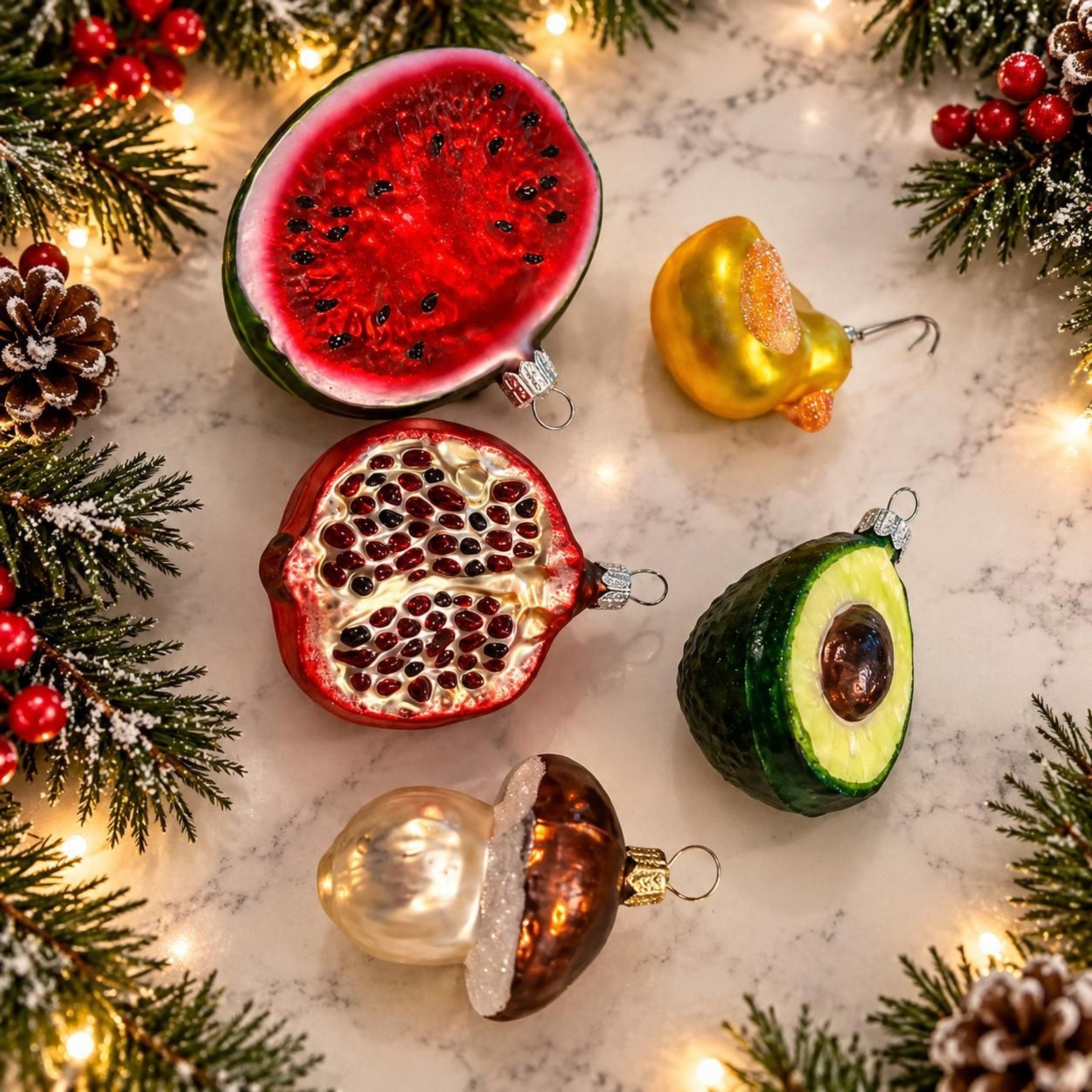 Sur La Table Christmas Ornaments Set of 5 Food Fruit Poland Blown Glass
