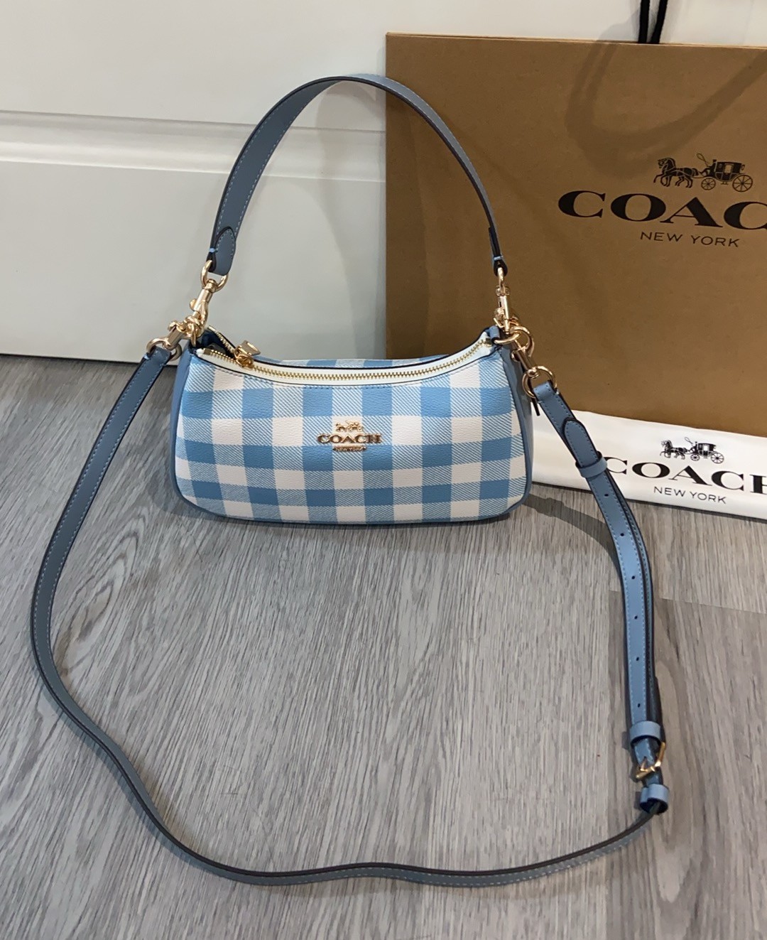 NWT CES65 Gingham Print Jacquard Crossbody Shoulder Bag Blue White Shoulder Bag