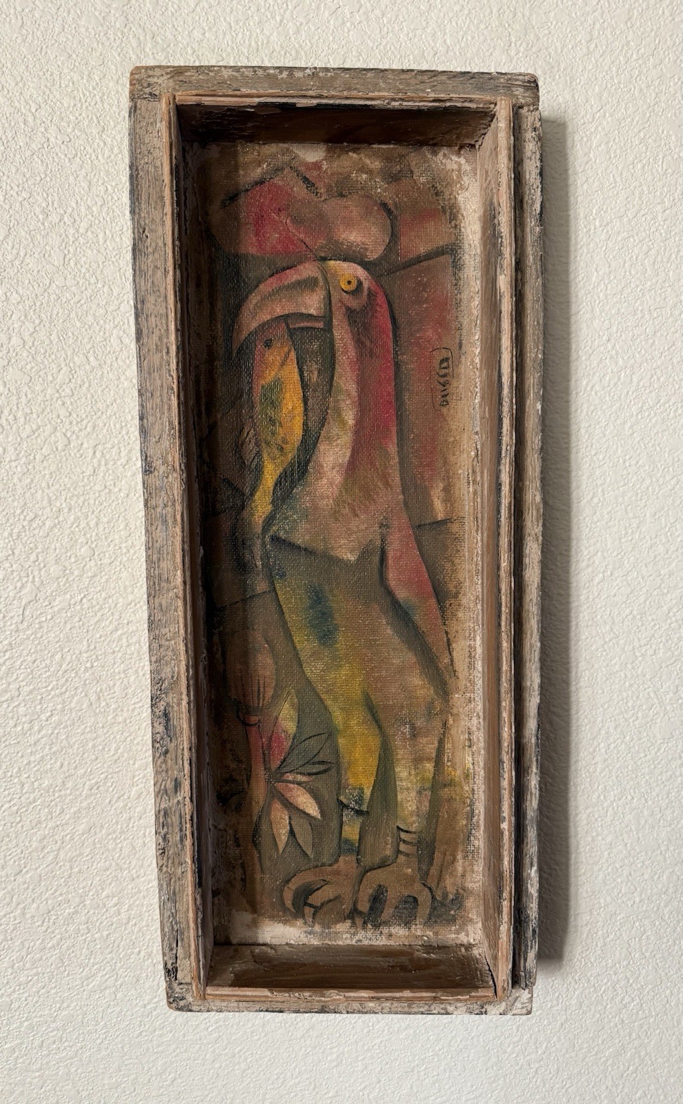 Leon Dusso Listed Artist MCM Abstract Bird Painting c.1950s Modernist 23.5x10
