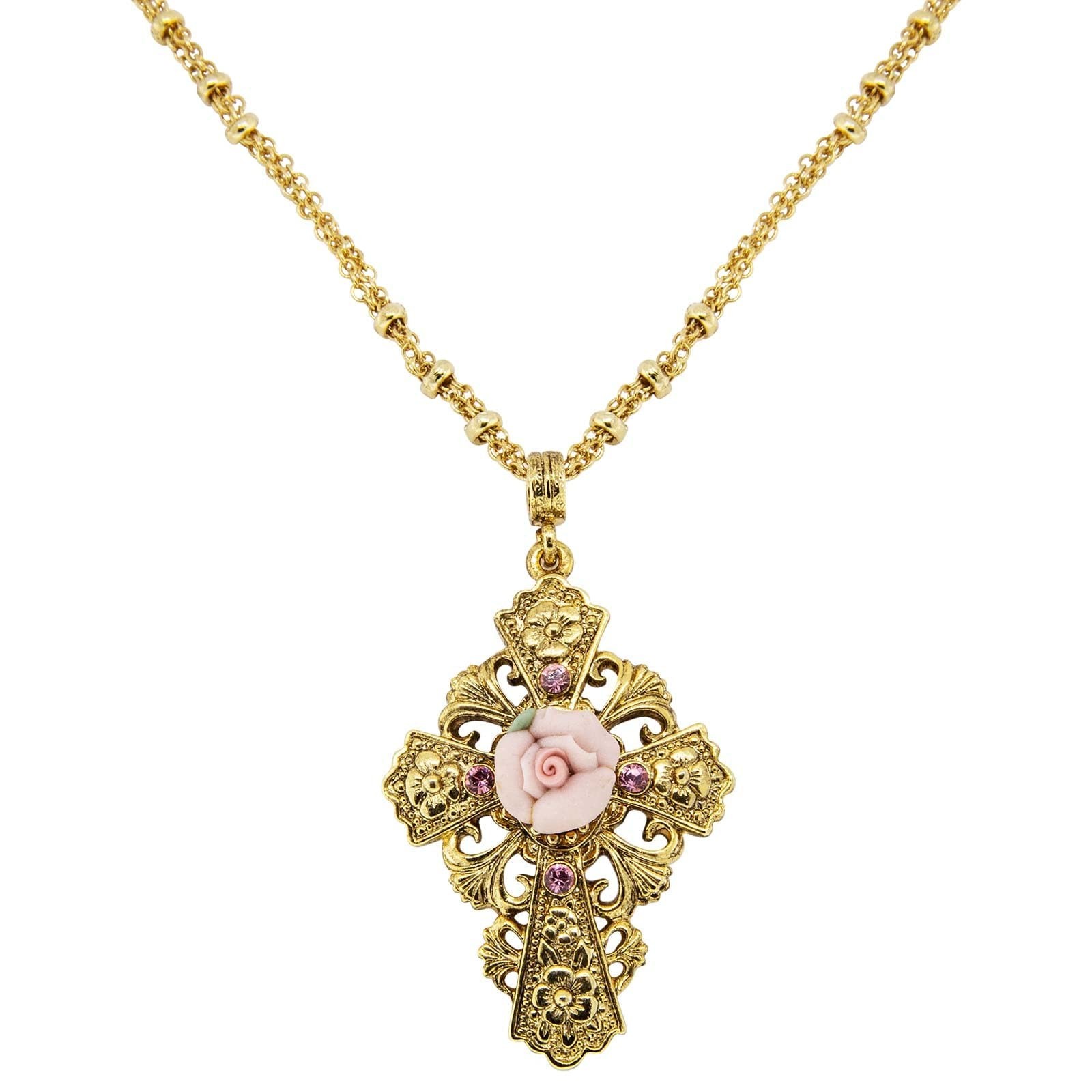 1928 Jewelry Cross Porcelain Rose Cross Necklace 18 Inch Chain, Pink 1928 Jewelry Cross Porcelain Rose Cross Necklace 18 Inch Chain, Pink