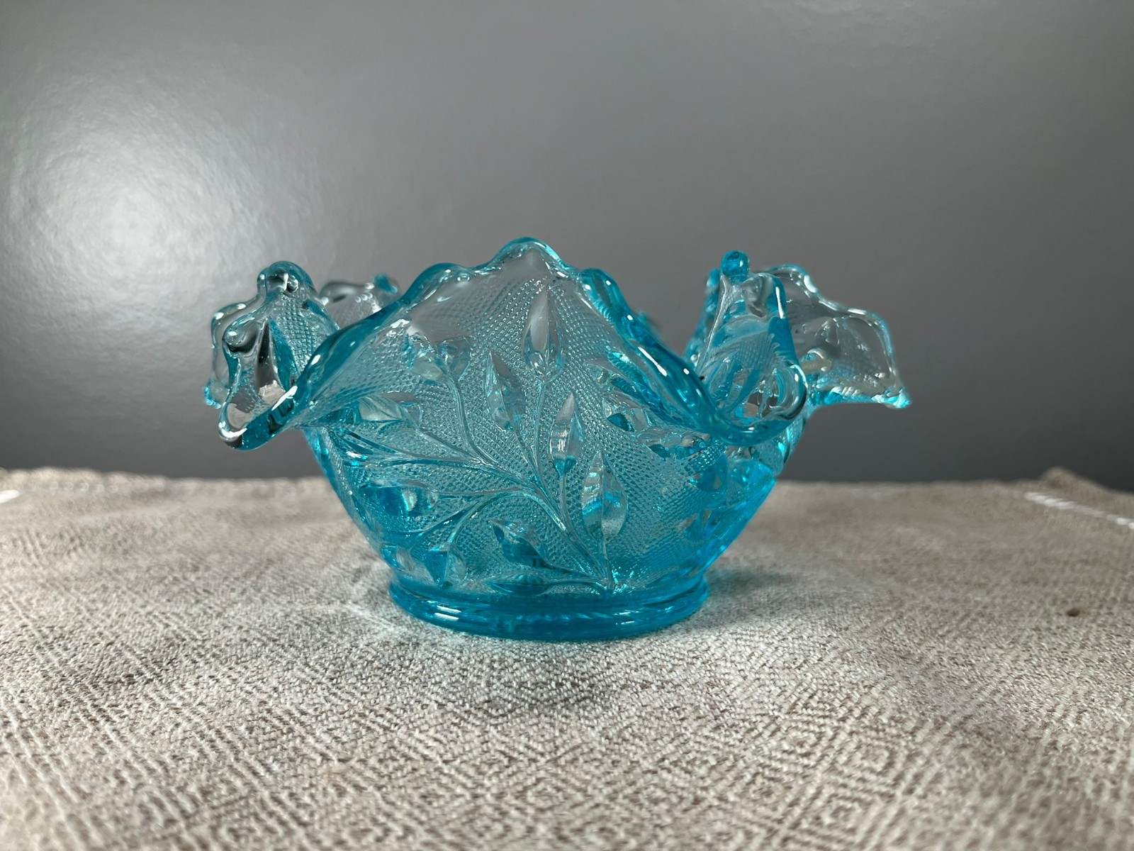 Small Ruffled Candy Dish, Ice Blue Roselin Pattern by Westmoreland Glass (RARE)