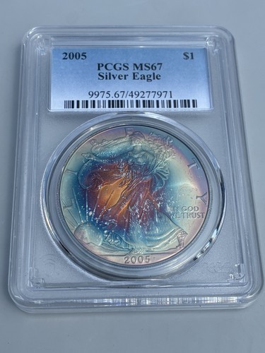 2005 ASE PCGS MS67 Insane Rainbow Toned Silver Eagle Full Color absolutely 2005 ASE PCGS MS67 Insane Rainbow Toned Silver Eagle Full Color absolutely