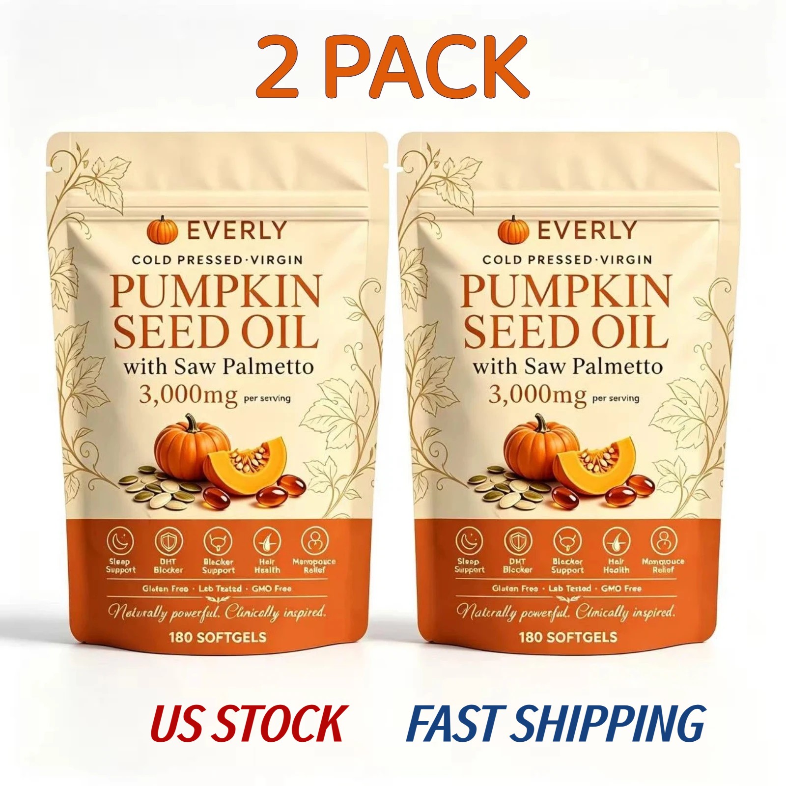 2 X Everly Pumpkin Seed Oil with Saw Palme tto,180 Softgels,Cold Pressed Pumpkin
