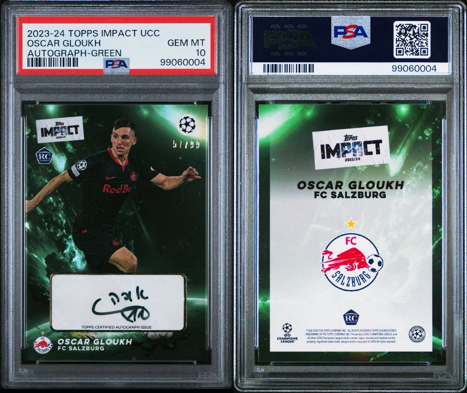 2023-24 TOPPS IMPACT UEFA CLUB -  OSCAR GLOUKH AUTOGRAPH-GREEN /99 PSA 10