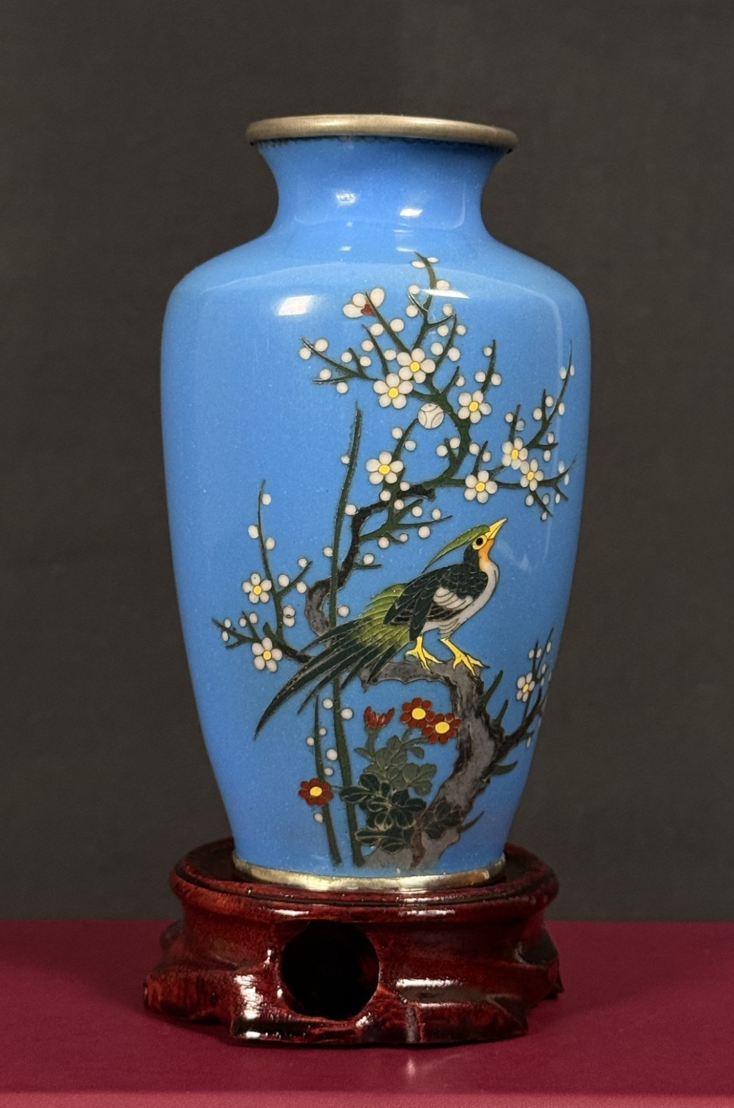 Antique Japanese Cloisonné Vase Bird & Plum Blossom Fine Wire 4.5” w/Stand