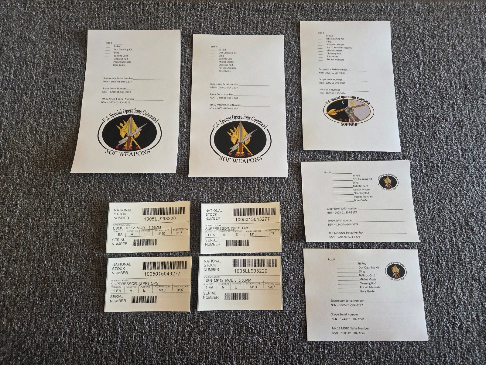 MK12 MOD 0/1 Case Checklist Barcode Label Pelican 1700 MOD1 MOD0 SPR Deployment