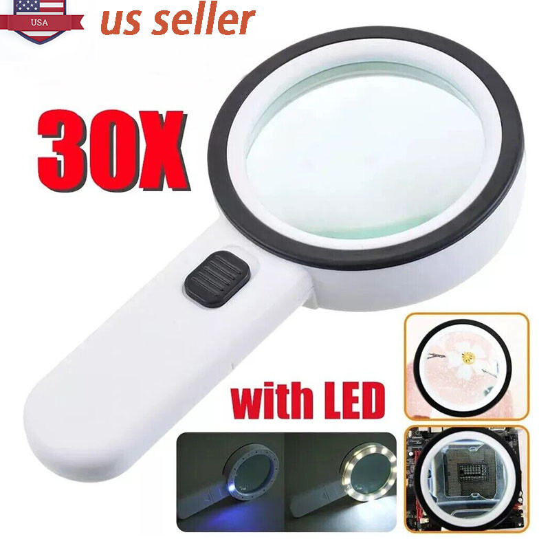 30X Jumbo Handheld Magnifying Glass w/ 13 Bright LED Light Illuminated Magnifier