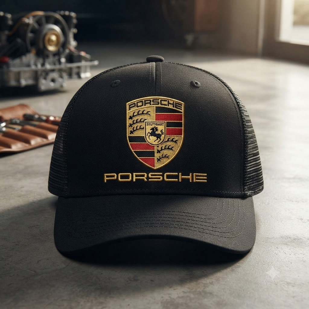 Porsche Embroidered Logo Trucker Hat Black Mesh Baseball Cap Car Enthusiast Gift