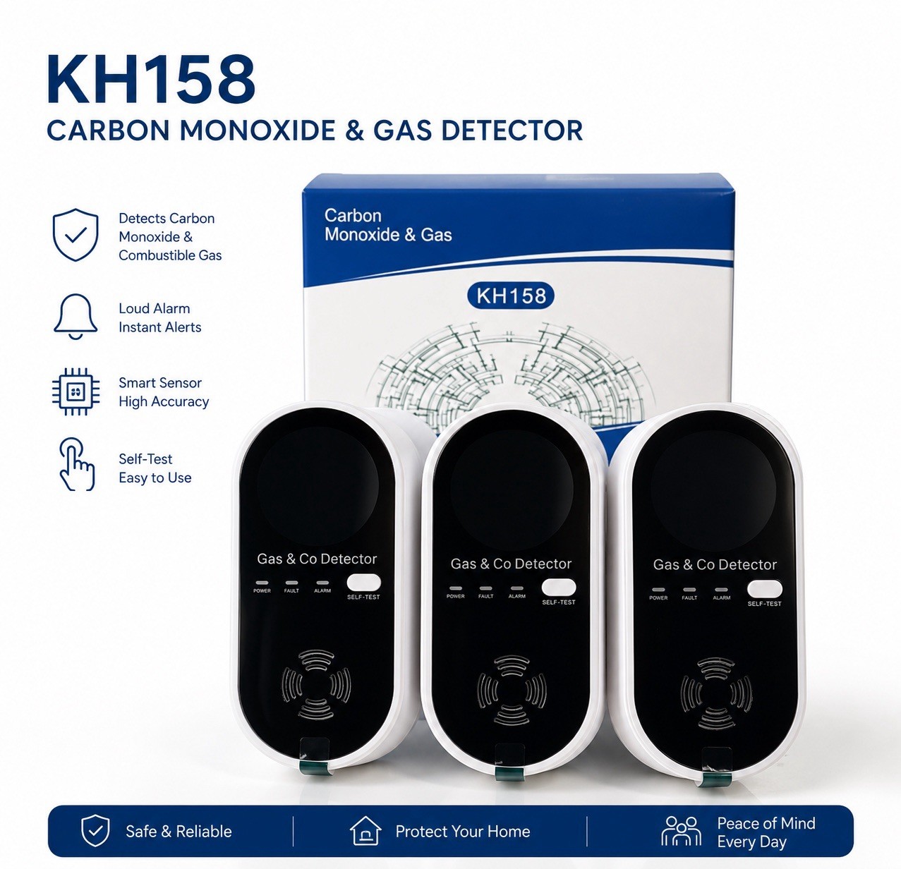 KH158 3-Pack Carbon Monoxide & Gas Detectors Home Business Safety New KH158 3-Pack Carbon Monoxide & Gas Detectors Home Business Safety New