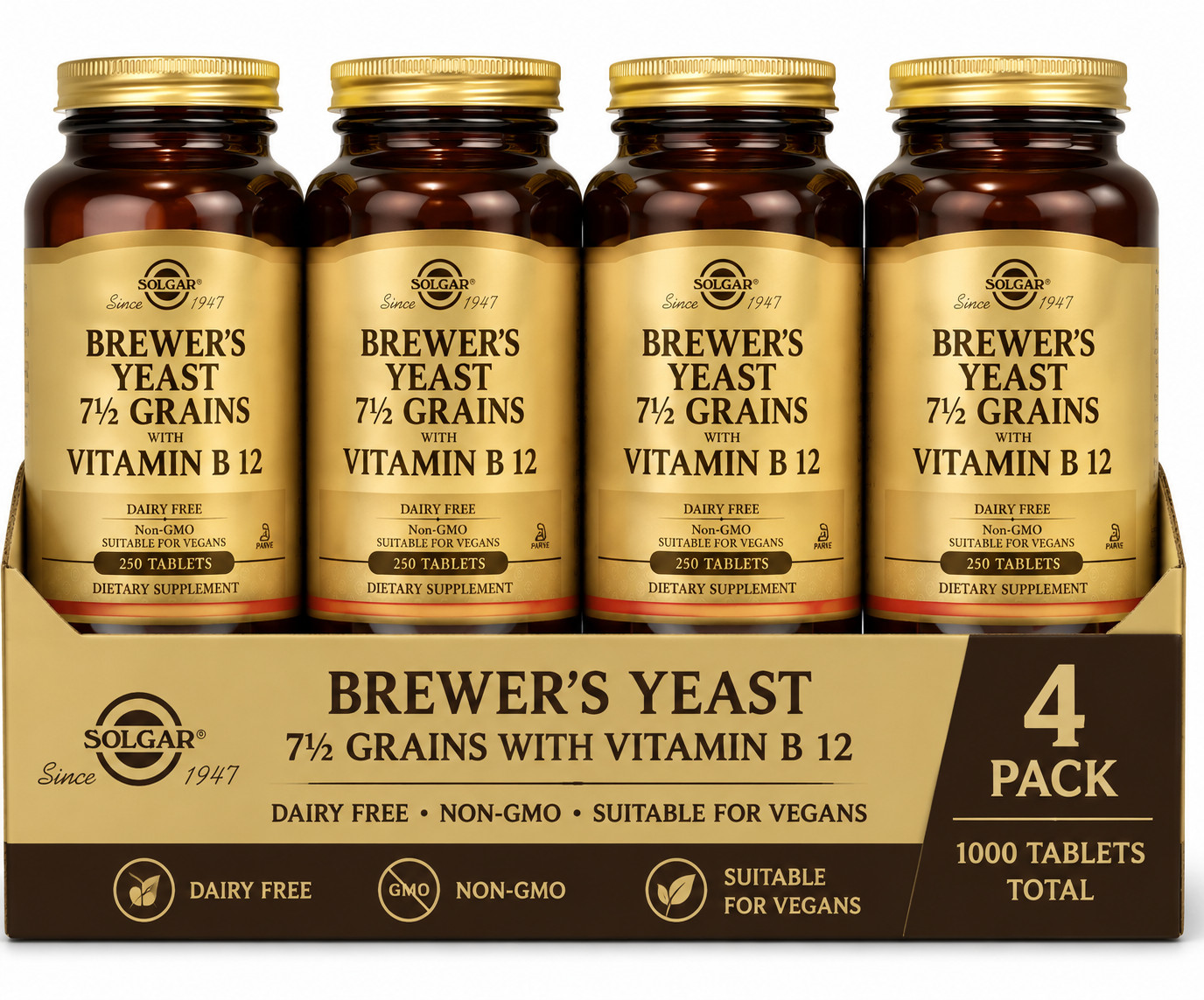 Solgar Brewer\'s Yeast 7 1/2 Grains Vitamin B12 250 Tablets Pack of 4