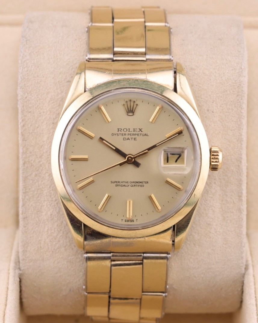 1974 Rolex Oyster Perpetual Date 1550 Gold Capped 34mm Champagne Dial Box Papers 1974 Rolex Oyster Perpetual Date 1550 Gold Capped 34mm Champagne Dial Box Papers