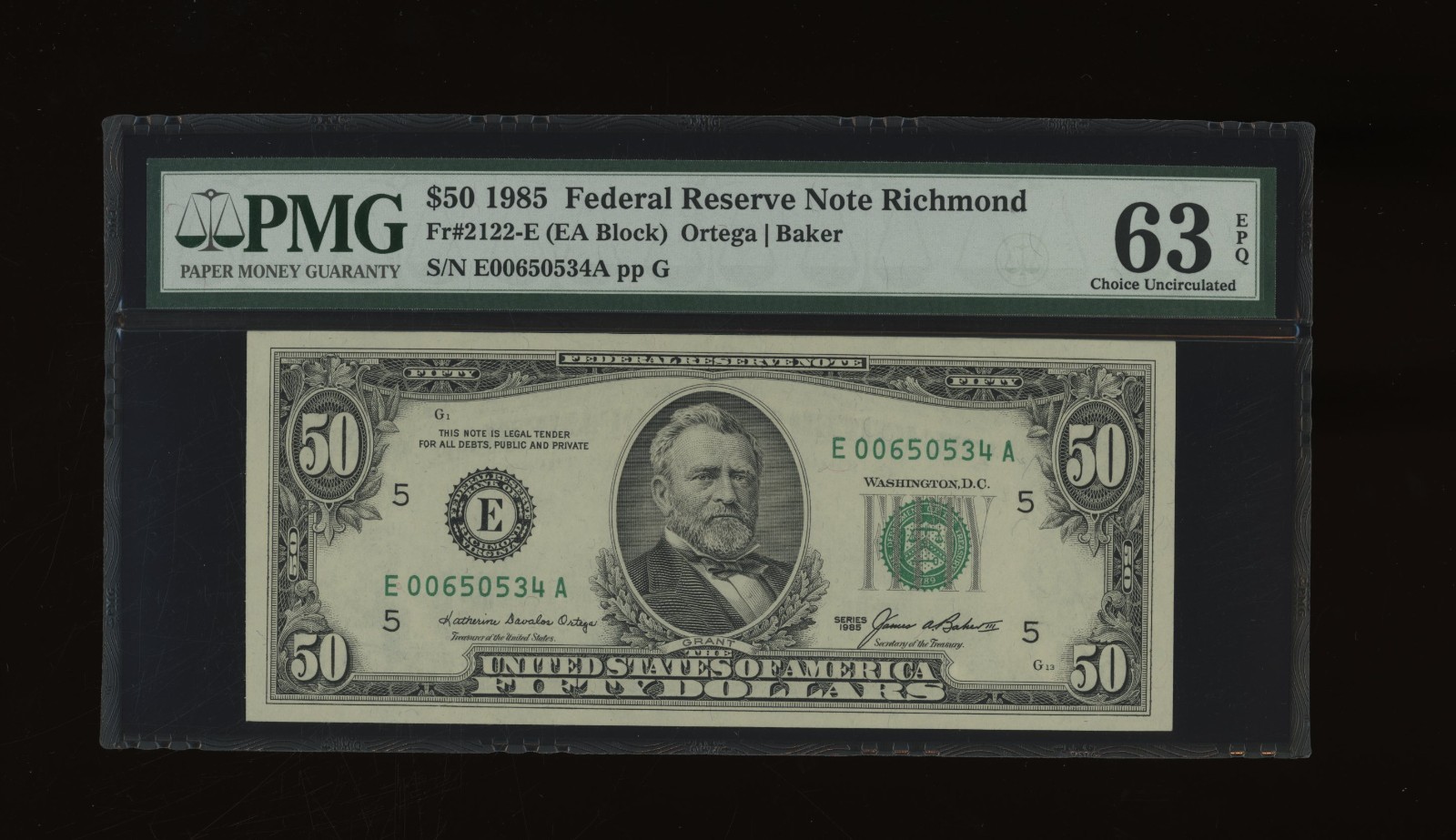 DBR 1985 $50 FRN Richmond Fr. 2122-E PMG 63 EPQ Serial E00650534A