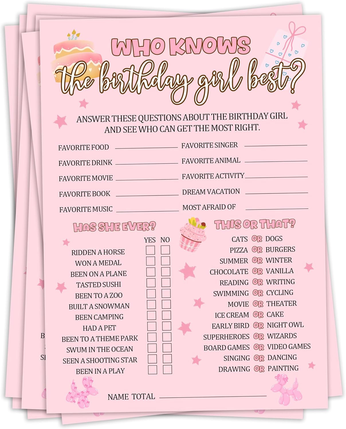 Birthday Party Games, Who Knows the Birthday Girl Best, 25 Pcs Double-Sided Fill