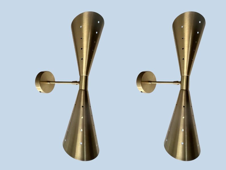 Mid-Century Modern Style, Brass Dual Wall Sconce Italian Style Lighting lot of 2