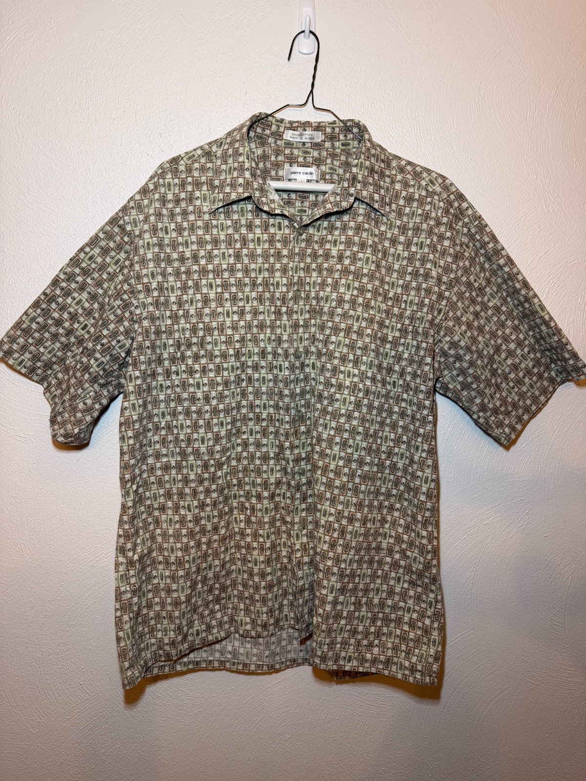 Vintage Pierre Cardin Mens L Geometric Print Shirt Made Korea 100% Cotton Retro