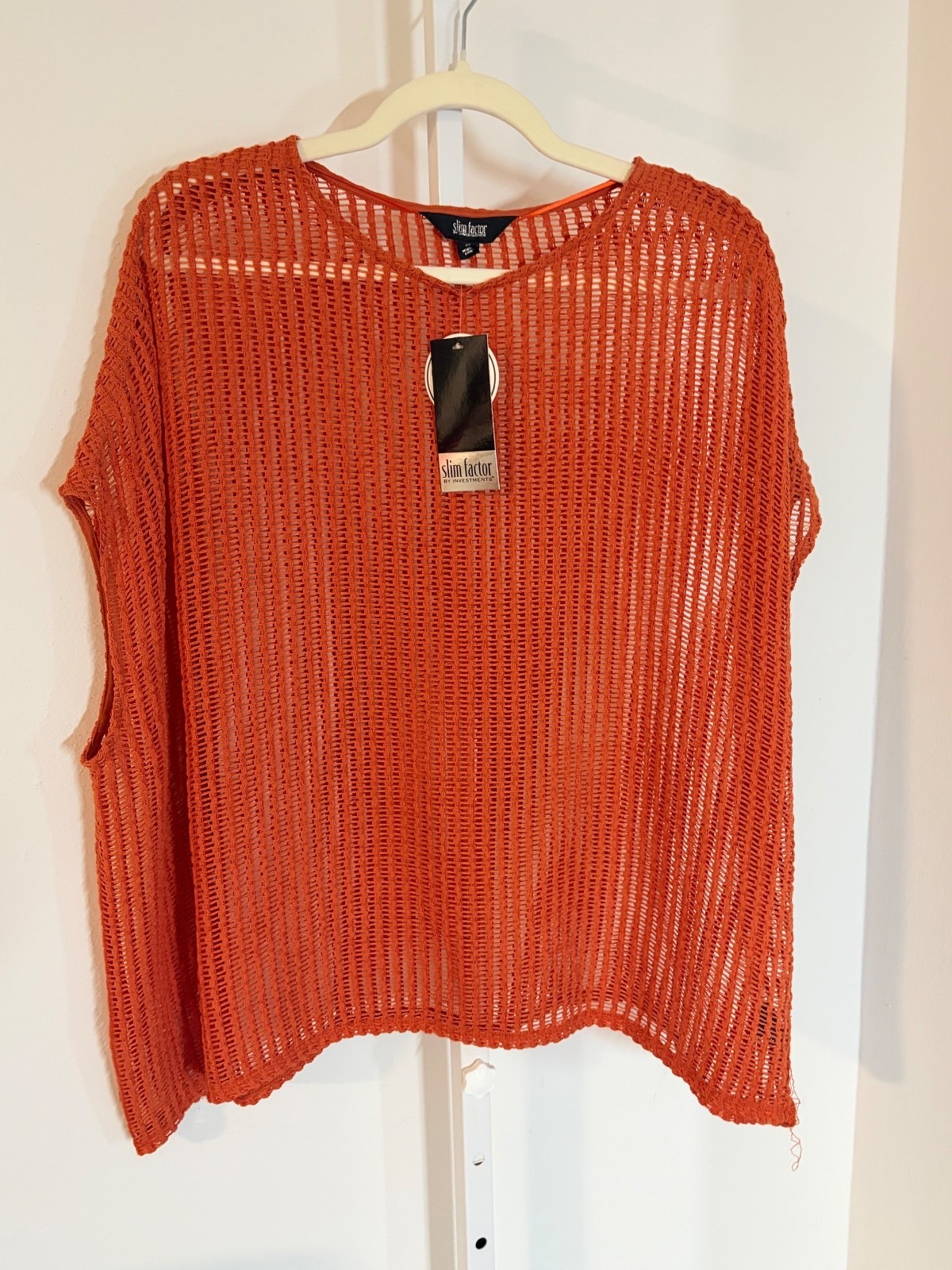 NWT Slim Factor Women's Orange Open Knit Short Sleeve Sweater Top, Size M, New NWT Slim Factor Women's Orange Open Knit Short Sleeve Sweater Top, Size M, New