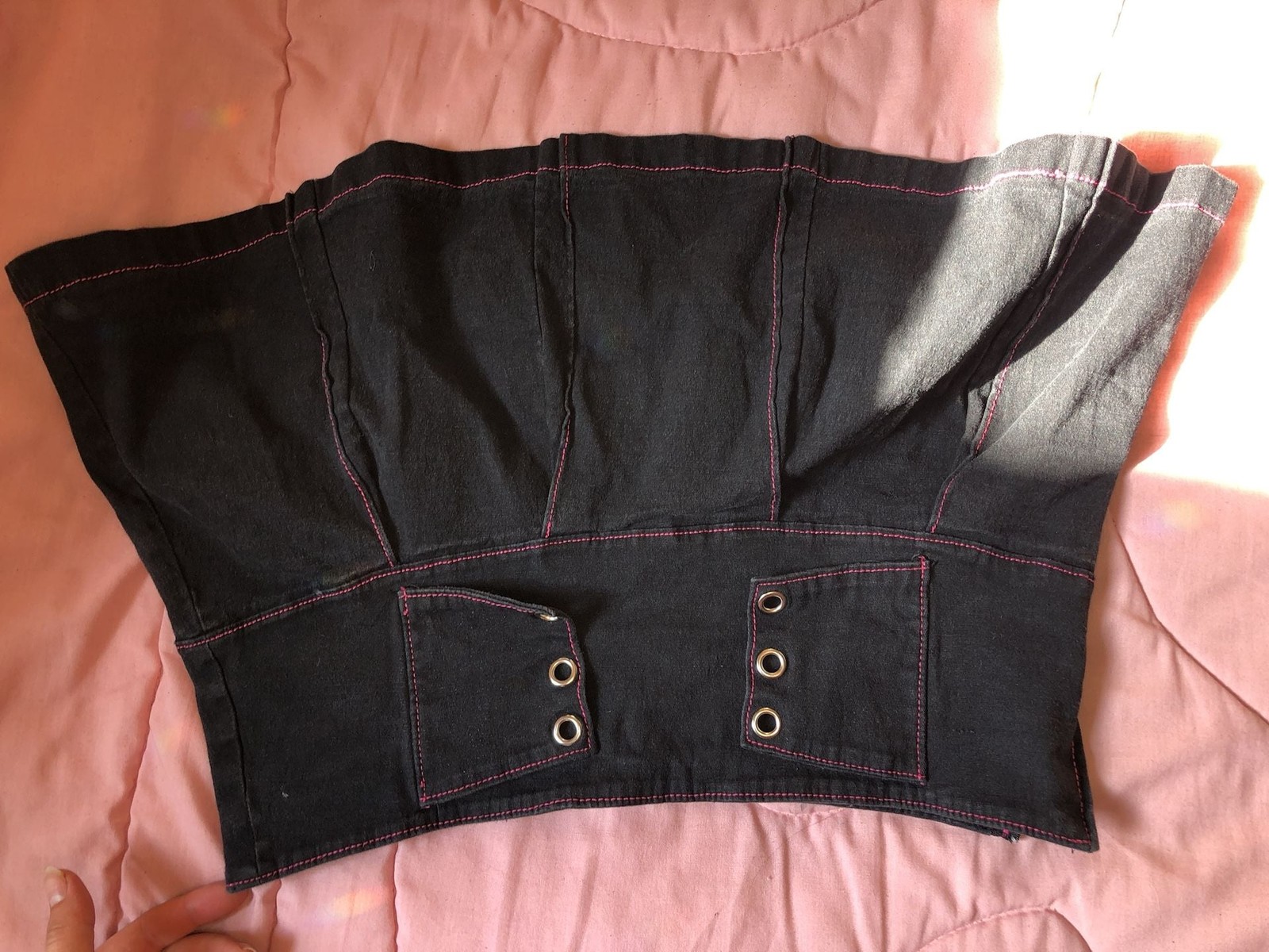 Morbid Threads Black Denim Skirt with Pink Contrast Stitching and Grommet Flaps
