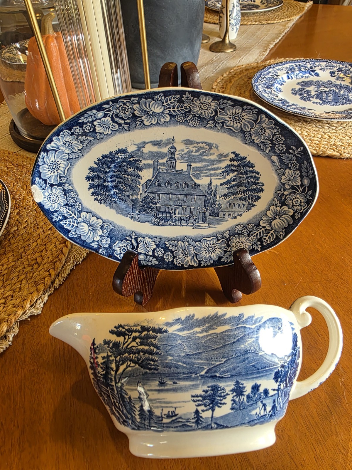 Vintage Liberty Blue Staffordshire Gravy Boat & Underplate Read