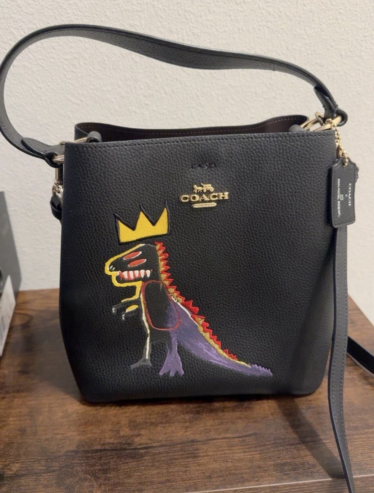 Coach x Jean-Michel Basquiat Black Pebbled Shoulder Bag Dinosaur Print