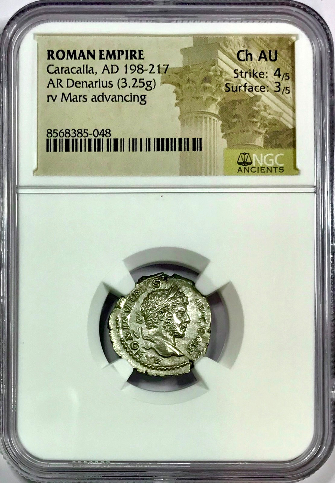 198-217 AD Caracalla & Mars Ancient Roman Silver Denarius Coin NGC Choice AU
