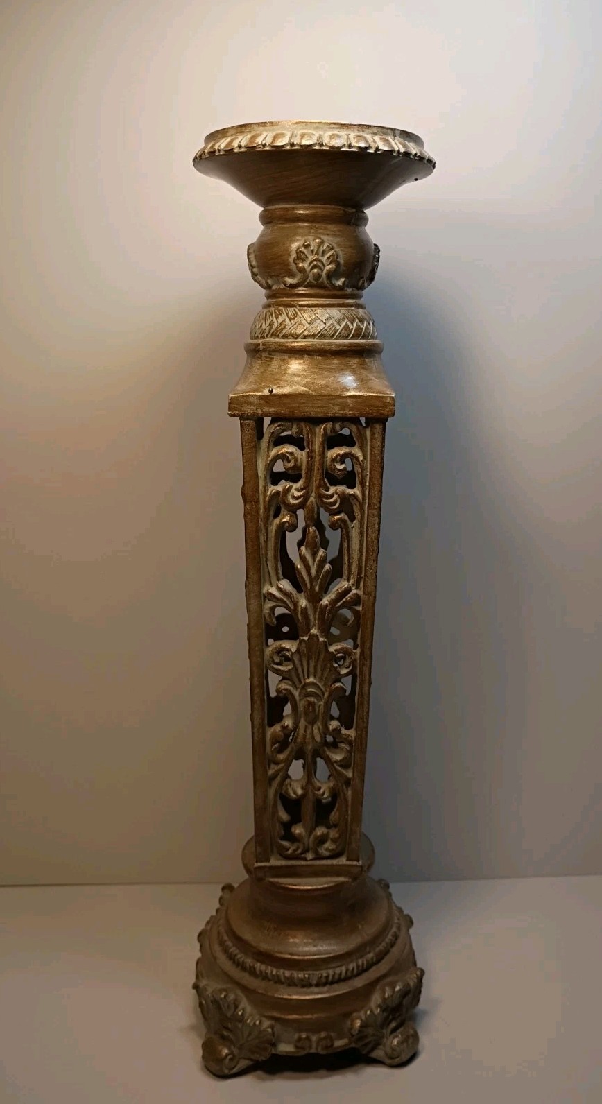 🔥Vtg Ornate Resin Gold Acanthus Leaf Pedestal Base Pillar Candle Holder 16\ 🔥Vtg Ornate Resin Gold Acanthus Leaf Pedestal Base Pillar Candle Holder 16\