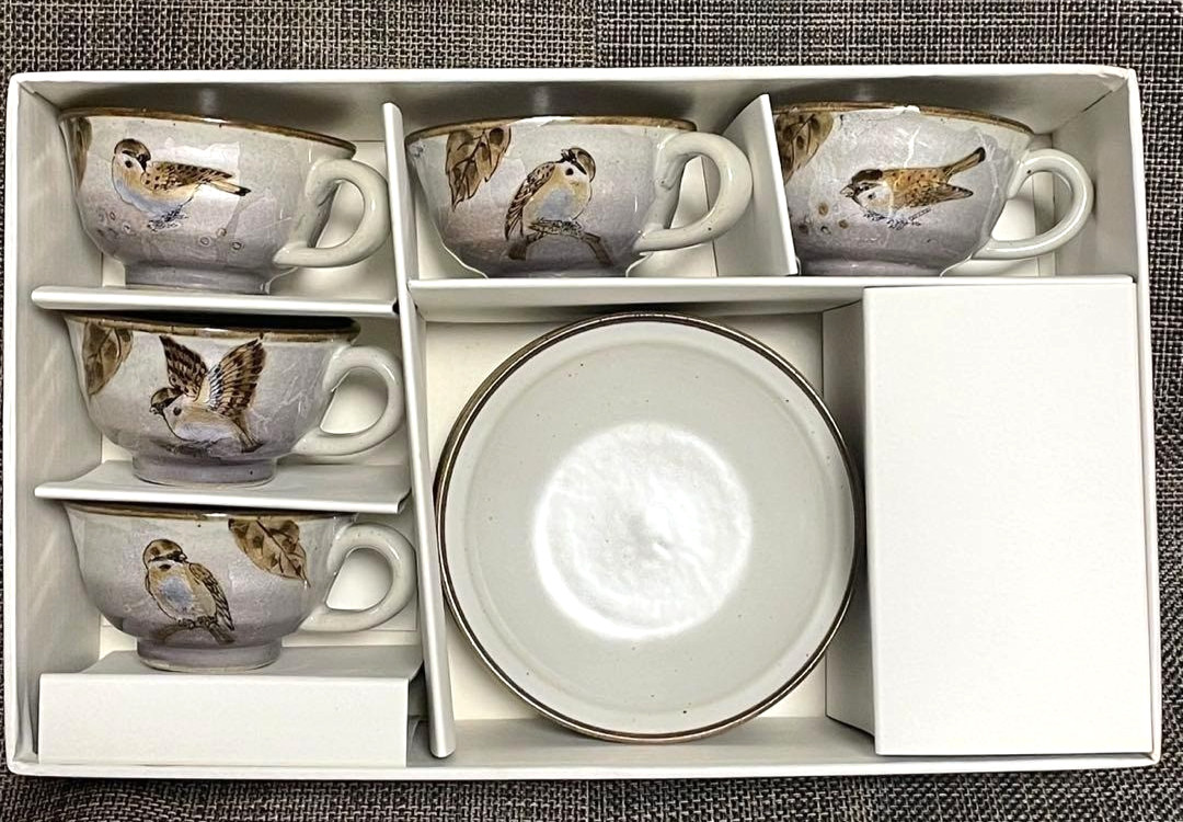 Japanese Kutani Ware Pottery Sparrow Tea Cup & Saucer Set of 5-Design Boxed USED