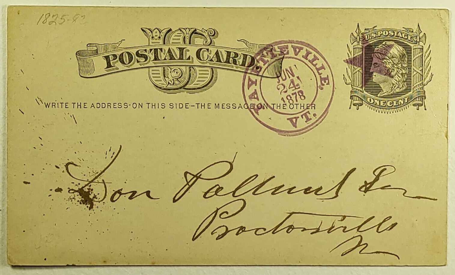 1878 Lady Liberty SC #UX5 1c US Postal Card Fayetteville VT Star Fancy Cancel