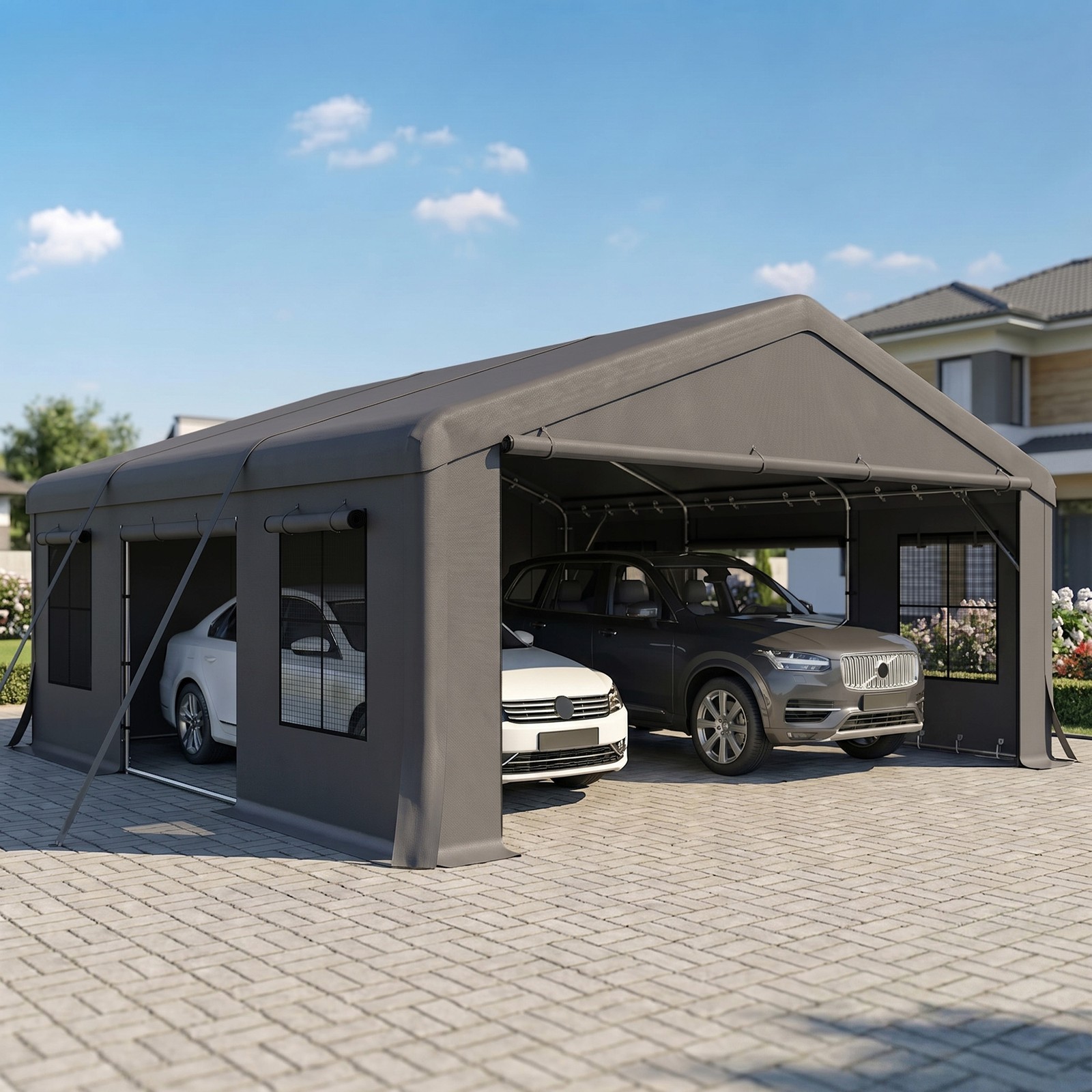 20' x 20' Heavy Duty Carport, Portable Garage with Doors, Windows, Dark Gray