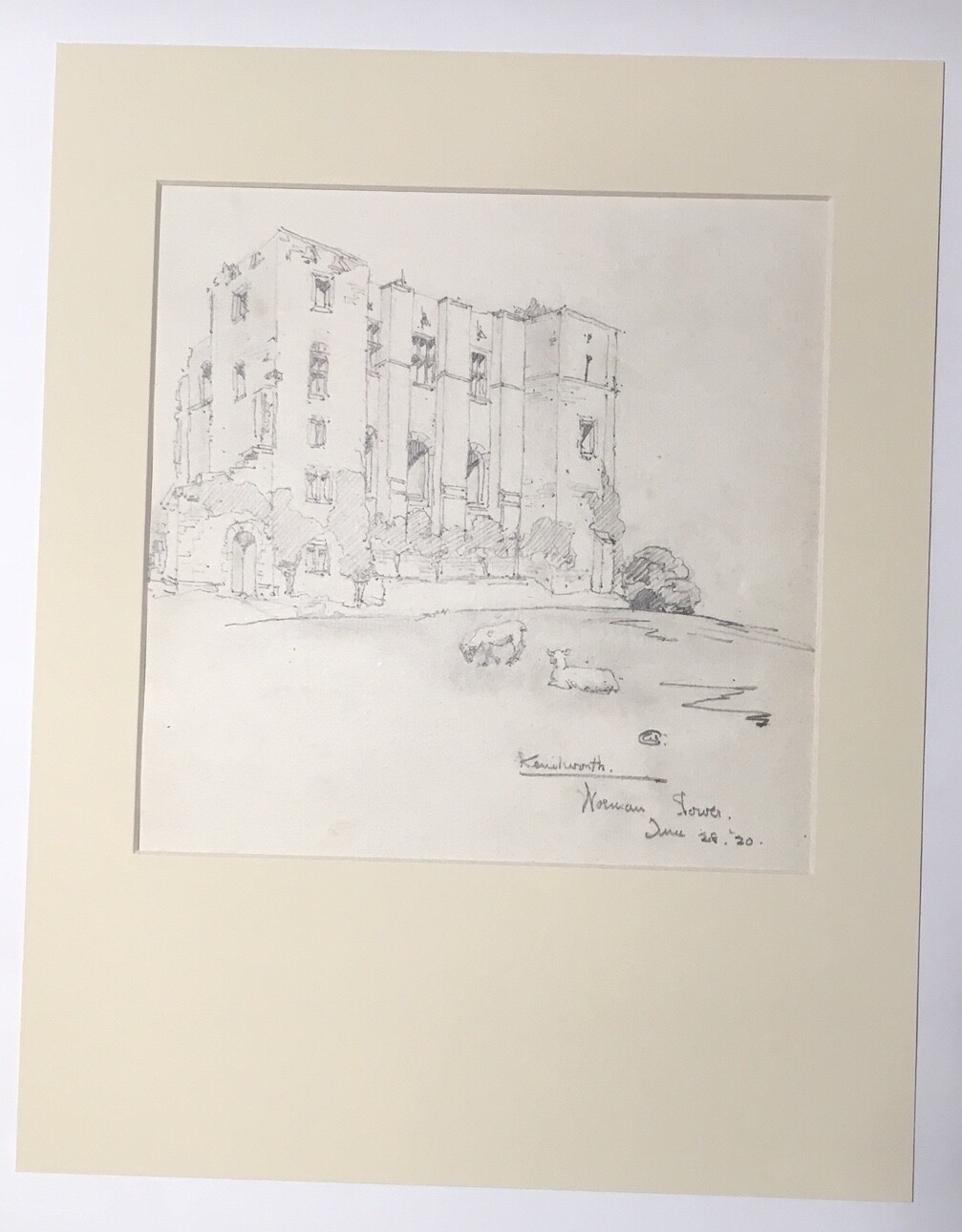 Antique Matted 1920s Walter  Church English Landscape Pencil Drawing, Kenilworth