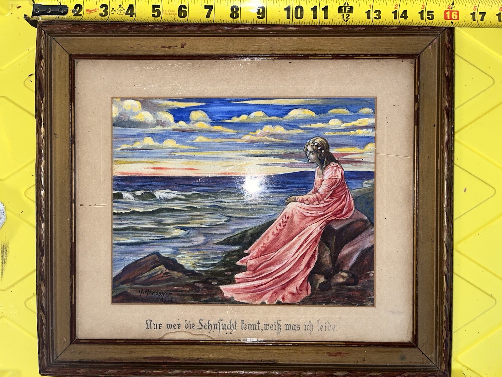 Antique 1918 German Watercolor Painting H. Haessner Goethe Poem Art WWI Era
