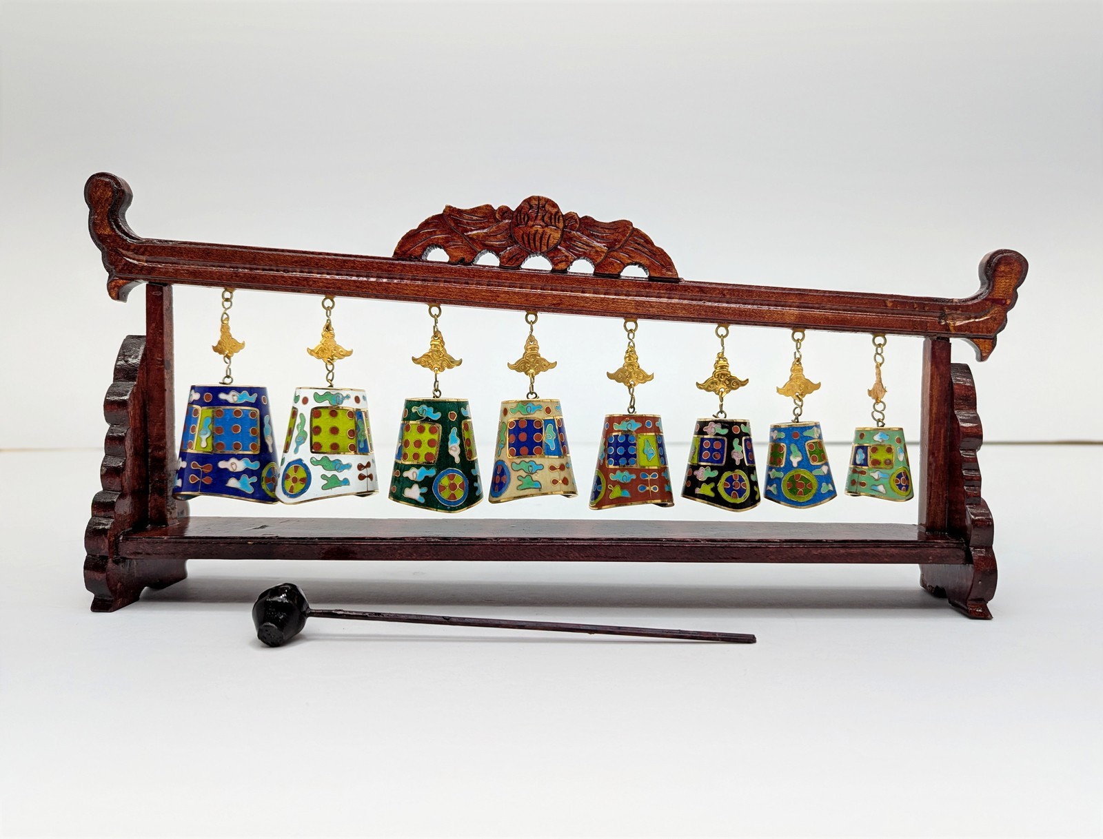 Vintage Chinese Cloisonne Eight Bell Bianzhong Chime Carved Wood Stand Mallet