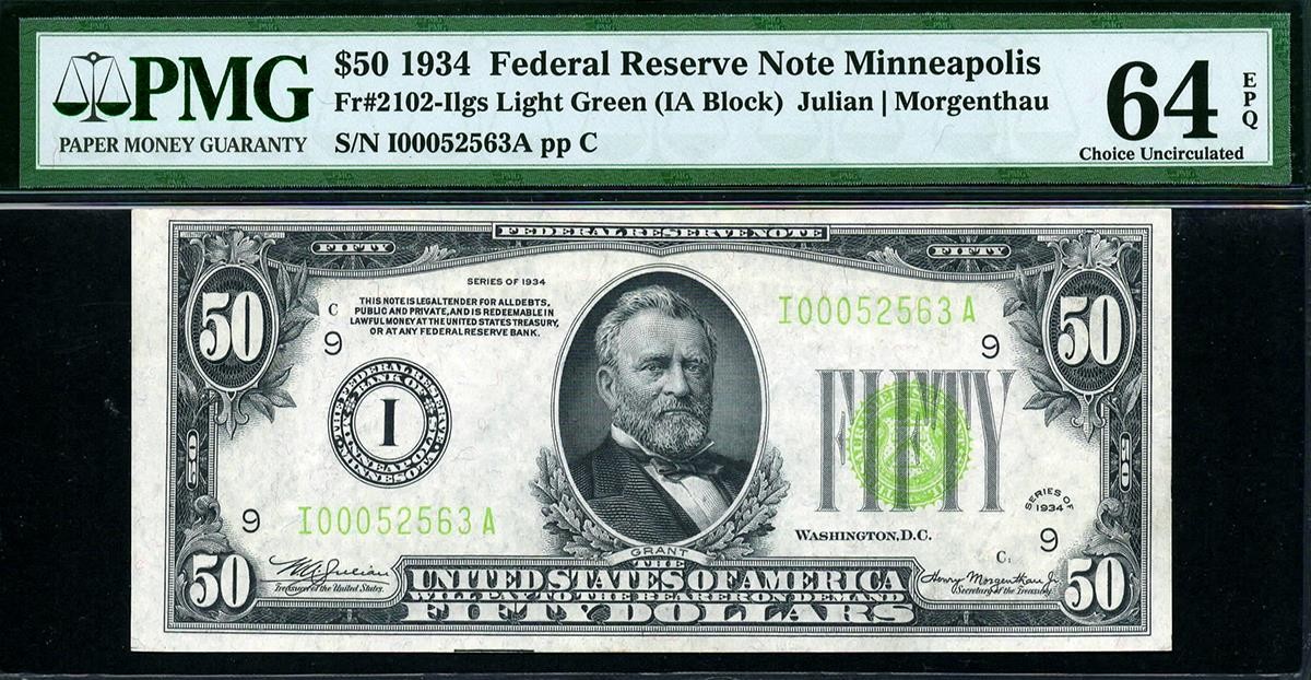 1934 $50 LGS Minneapolis Light Green Seal FRN • Fr 2102-I • PMG 64 EPQ