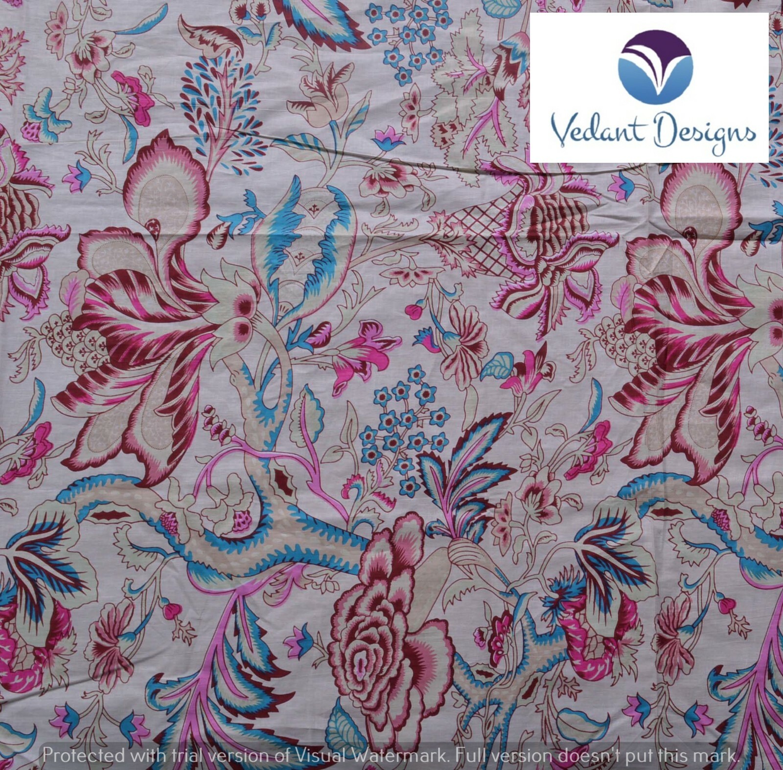 Floral Print Indian Hand Block Running 100% Cotton Beige Fabric 10 Yard