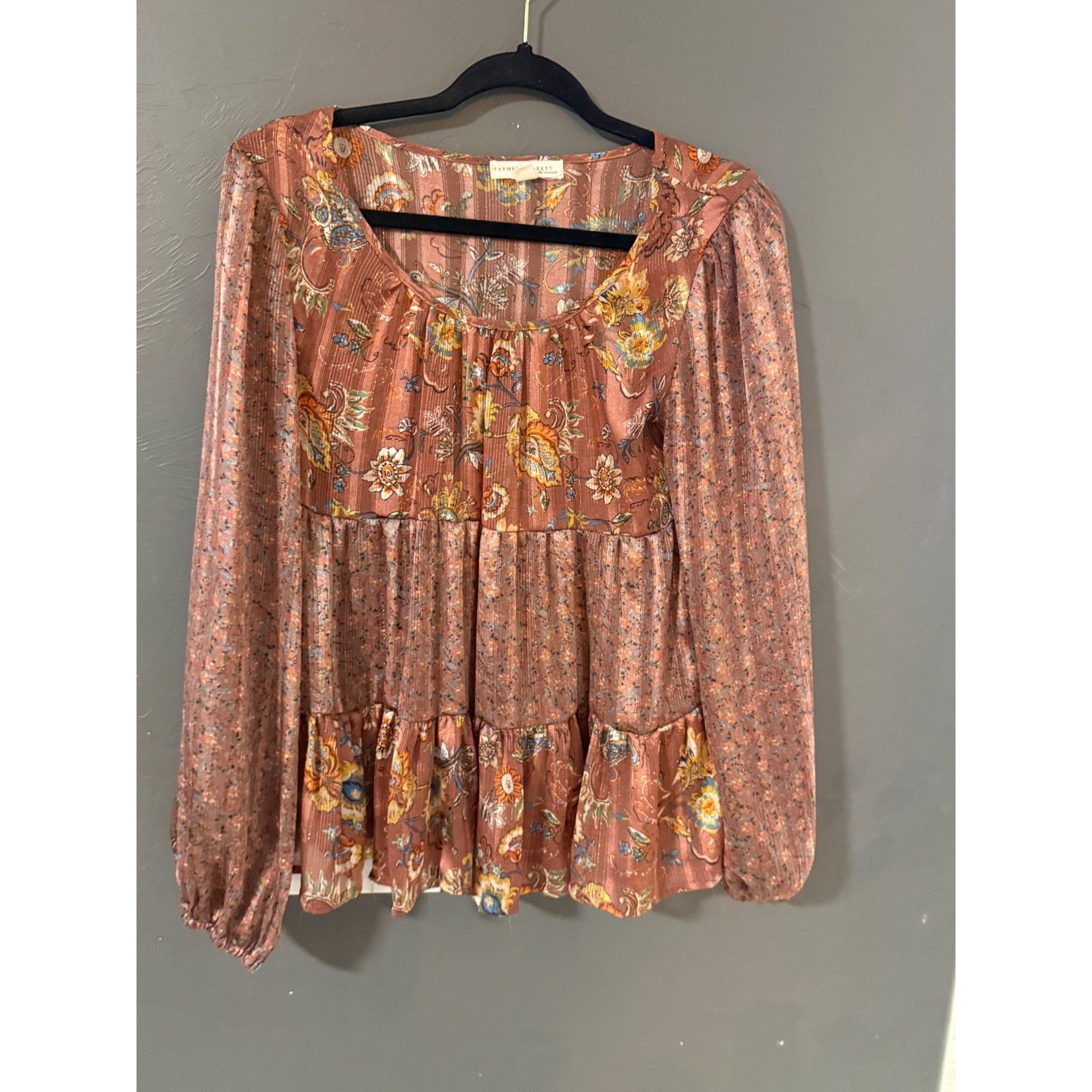 Farmers Market by Monoreno Floral Paisley Tiered Babydoll Blouse Rust Small