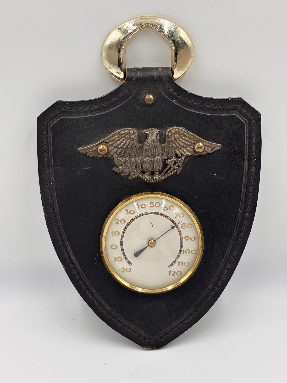 Eagle Wall Thermometer Shield Leather Brass Vintage Colonial Americana Decor
