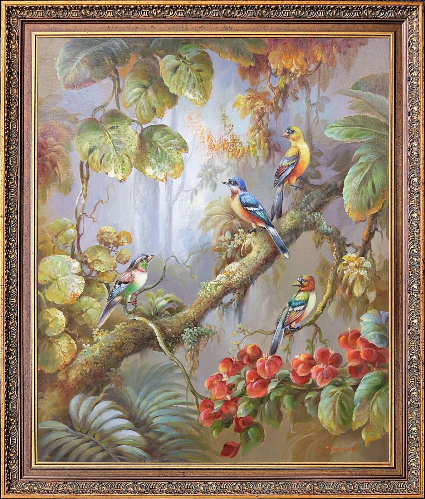 Framed Birds Oil Painting on Canvas, Signed by Korean Artist, Original Wall Art