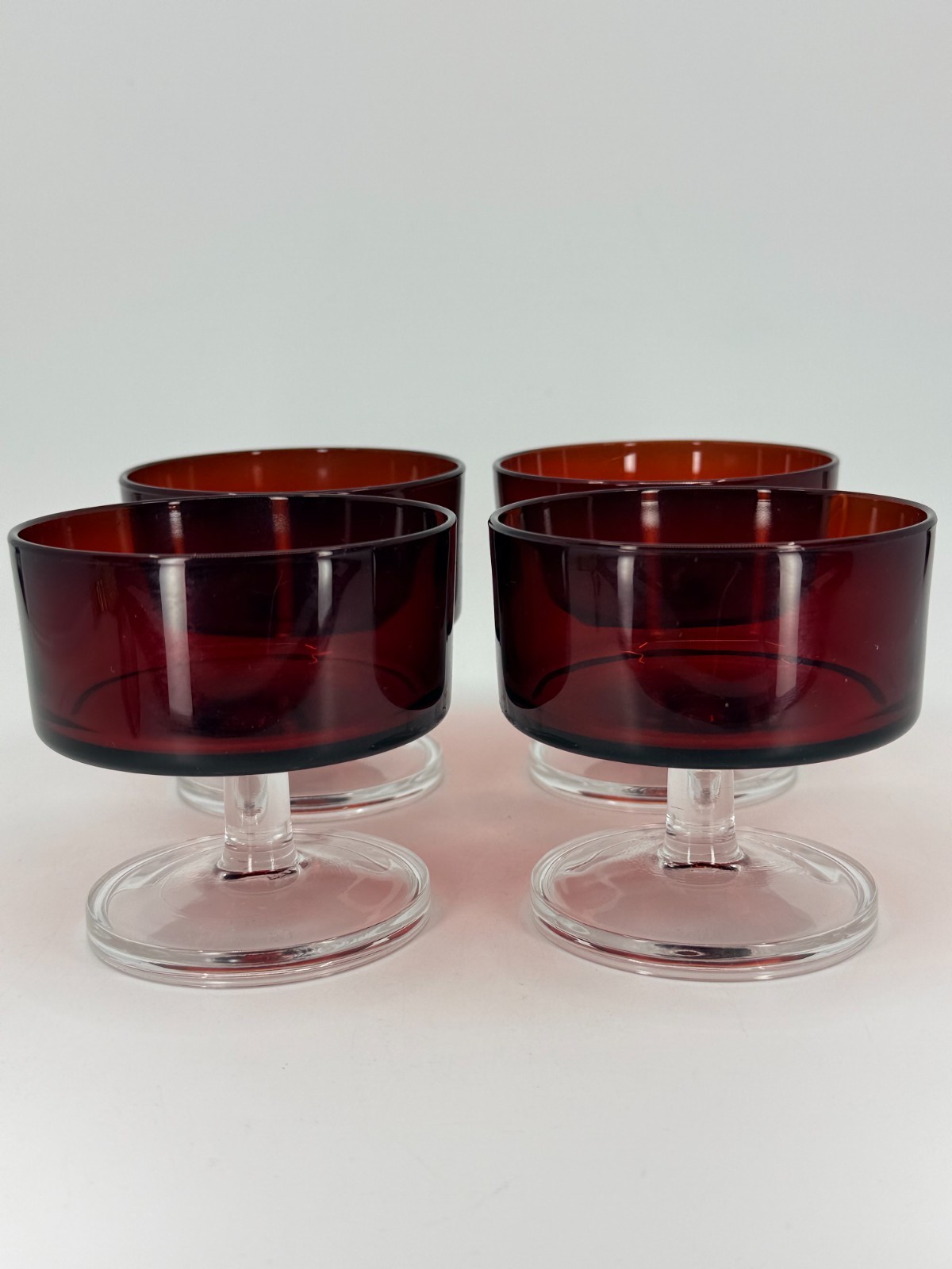 Set Of 4 Arcoroc Luminarc France Ruby Red Stemware Footed Dessert Glass 1960s Set Of 4 Arcoroc Luminarc France Ruby Red Stemware Footed Dessert Glass 1960s