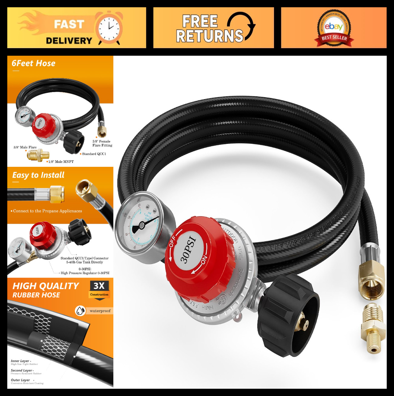 6FT Adjustable Propane Regulator 0-30 PSI with 0-60 PSI Gauge for BBQ, Fryer, Sm 6FT Adjustable Propane Regulator 0-30 PSI with 0-60 PSI Gauge for BBQ, Fryer, Sm