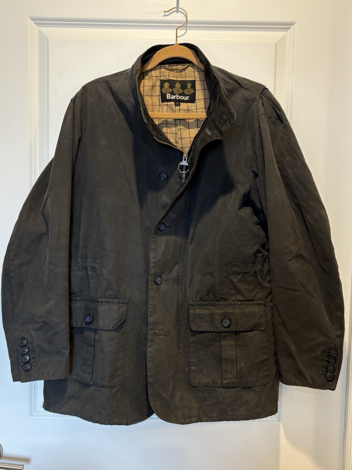 Barbour Waxed Jacket L Black Men\'s Commander Long Made in England Dark Navy Lutz