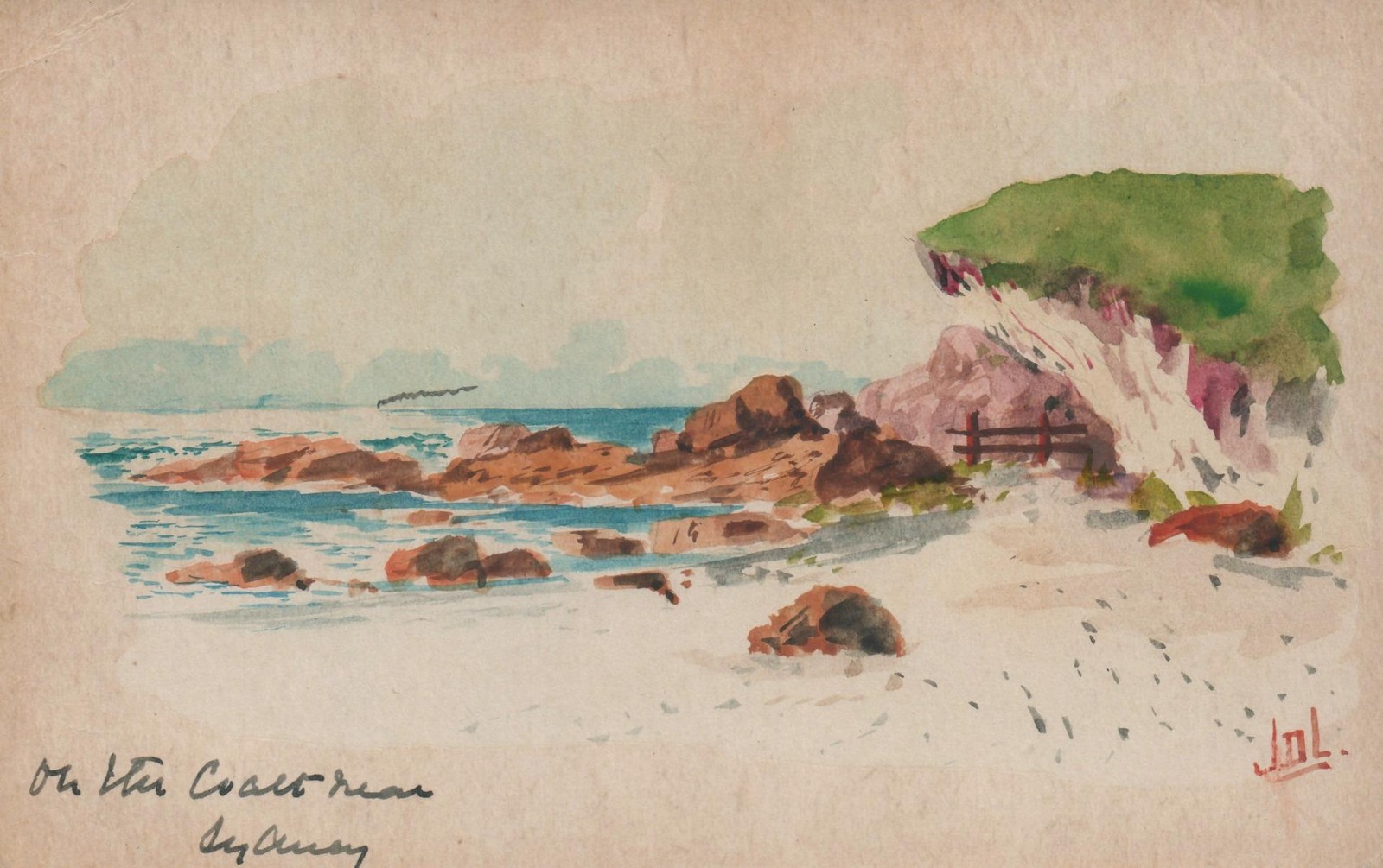 1910 Antique Postcard Original Watercolor Painting Coast Near Sydney Signed JNL