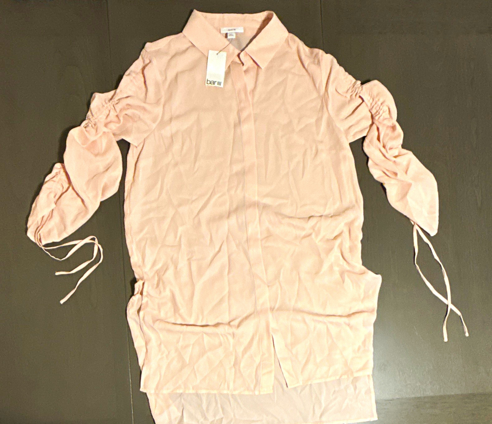 Bar III Pink Collared Button-Up Blouse Long Sleeve Ruched Drawstring L Bar III Pink Collared Button-Up Blouse Long Sleeve Ruched Drawstring L